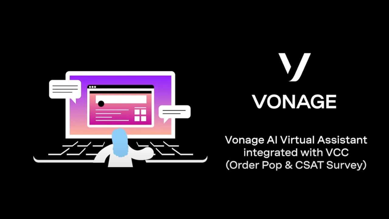Un resumen en vídeo del asistente virtual con inteligencia artificial de Vonage integrado con Vonage Contact Center, en el que se detalla cómo funcionan las ventanas emergentes de pedidos y las encuestas CSAT. Vonage AI Virtual Assistant integrated with VCC and What's app