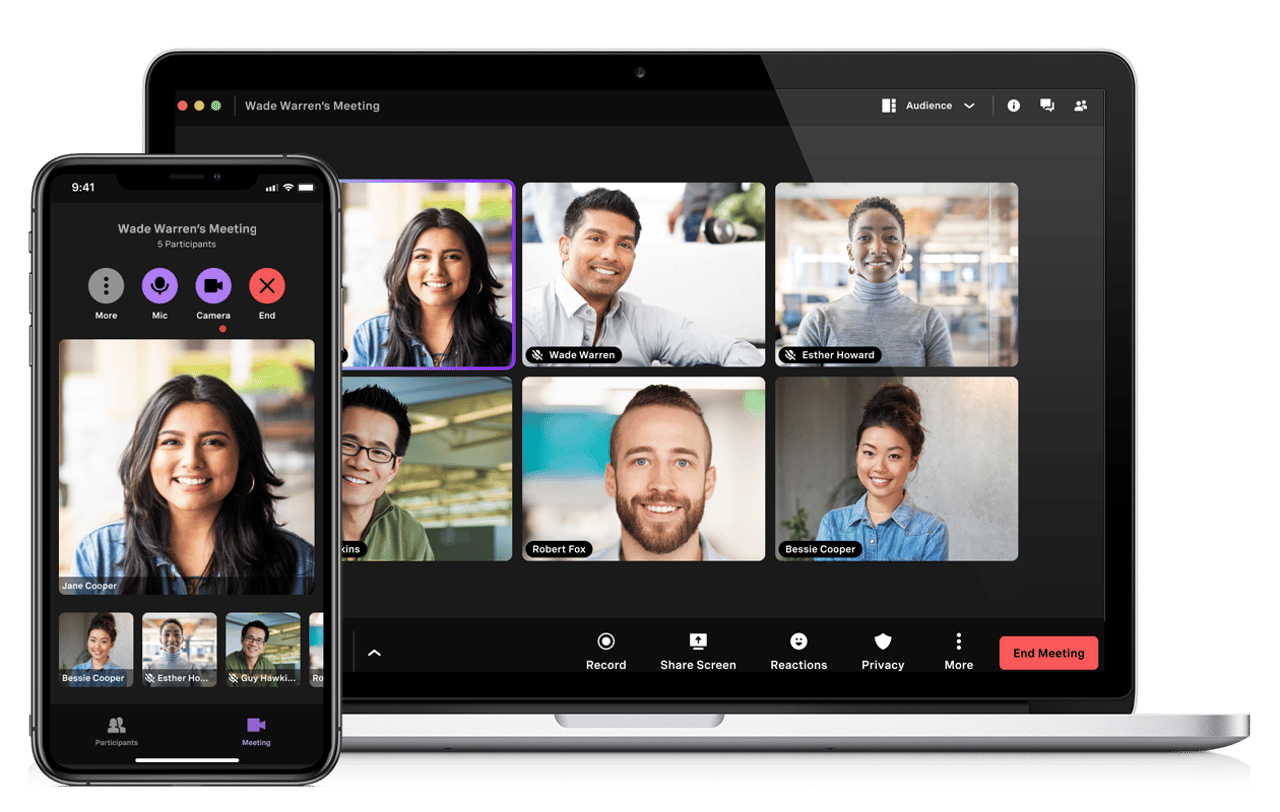 Vonage Meetings es una potente herramienta de colaboración para hasta 200 participantes.   Mira el vídeo para obtener más información. imagen de una mujer utilizando Vonage Meetings con la superposición de la captura de pantalla de los participantes