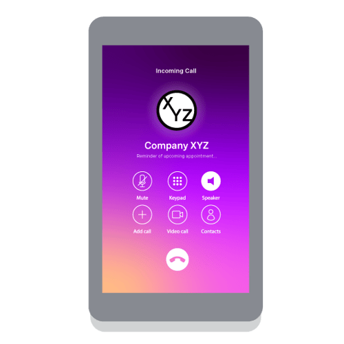 API SEO Branded Caller ID Blog Header Illustration of a cell phone screen showing branded caller ID items, including that there's an incoming call from Company XYZ, the company logo, and the purpose of the call.