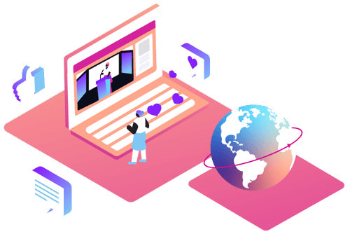 Virtual Event Video API image Illustration showing virtual event, globe and social interactions