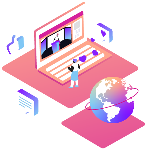 Virtual Event Video API image thumbnail Thumbnail illustration showing virtual event, globe and social interactions