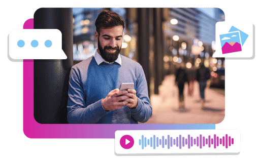 Omnichannel MMS_Voice_Chat Photo of man texting icons showing MMS, Voice and Chat