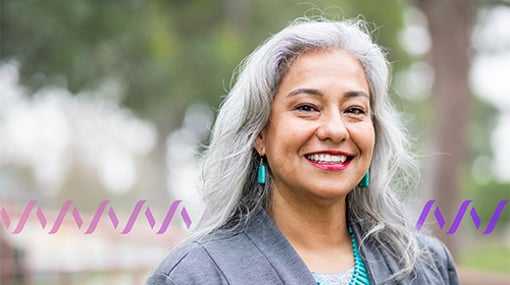 Silent Authentication - content image Smiling woman with wave pattern watermark behind her