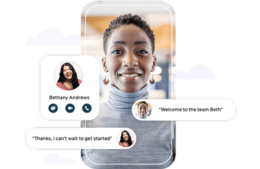 Communicate your way Montage of woman in an office setting with mobile communication elements