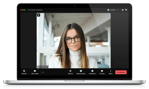 Vonage Meetings Single Participant View Vonage Meetings screenshot with a single female participant in a laptop