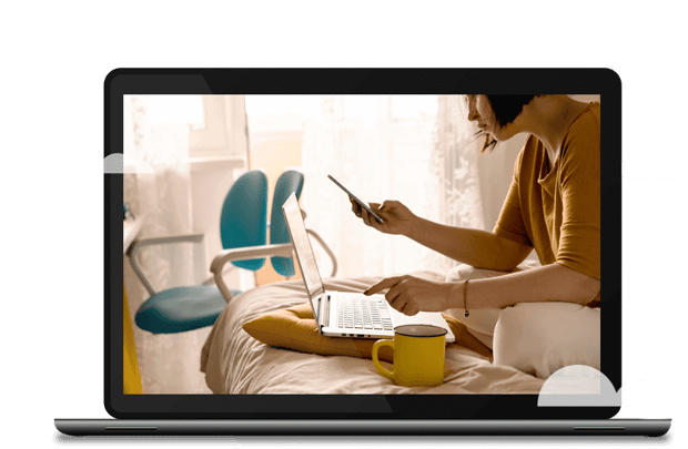 laptop photo mobile app Laptop image with a still frame of a woman using a mobile app