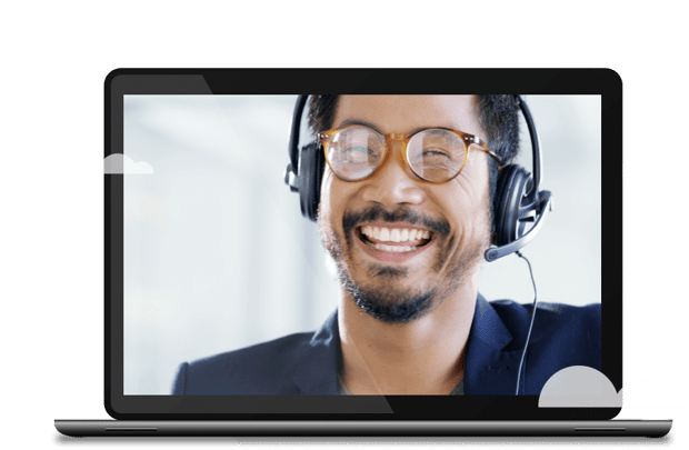 Vonage Contact Centers Laptop image with a still frame of a contact center agent helping a customer