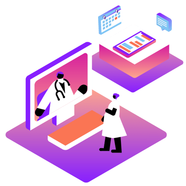 healthcare video APIs illustration of a pregnant woman video chatting with her doctor, and a mobile device, chat icon, and calendar
