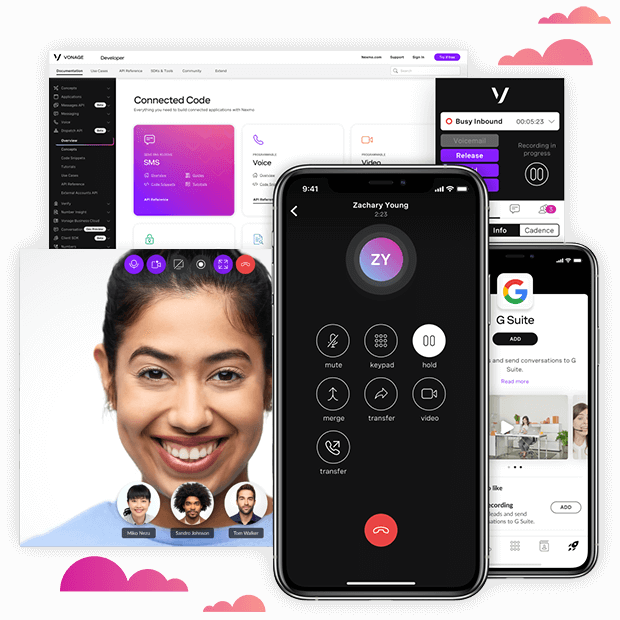 Product Imagery Collage of product imagery including a video call, admin portal page and smartphone dialing screen.
