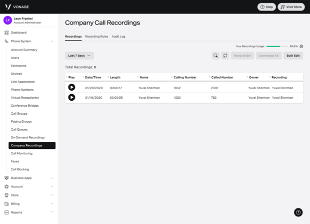 Company Recordings Screen capture of Vonage Business app