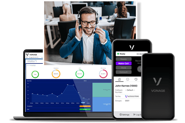 Contact center Hero Image compilation of images, including a contact center agent, a screenshot of vonage contact center on a desktop and mobile device, and the vonage logo