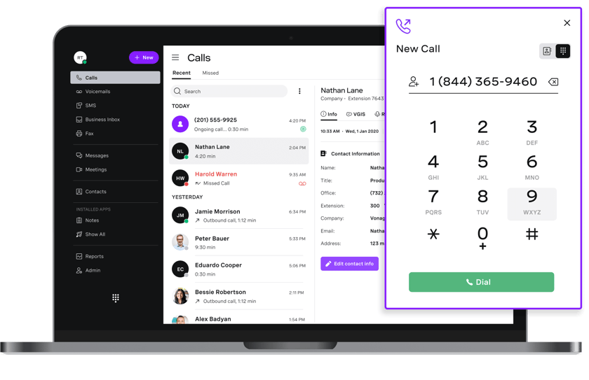 VBC Desktop Calls with Dialer highlight VBC Desktop Calls Screenshot on laptop with Dialer highlight